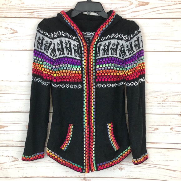 Vintage Sweaters - Fair Isle Knit Alpaca Hooded Sweater Cardigan